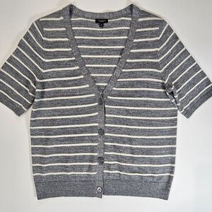 Talbots Cardigan Womens Medium Silver Metallic White Stripe Fall Business Casual